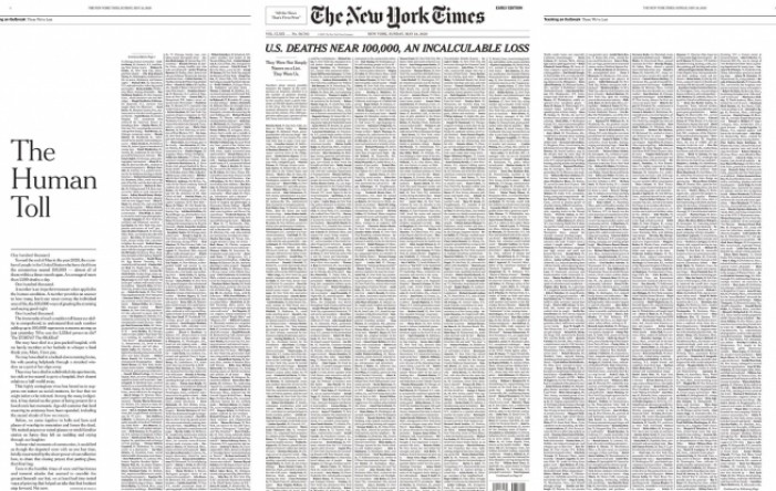 New York Times ispunio naslovnicu imenima umrlih od koronavirusa